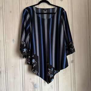Alfani Black and Blue Striped Women’s Blouse with Floral Accents size XL